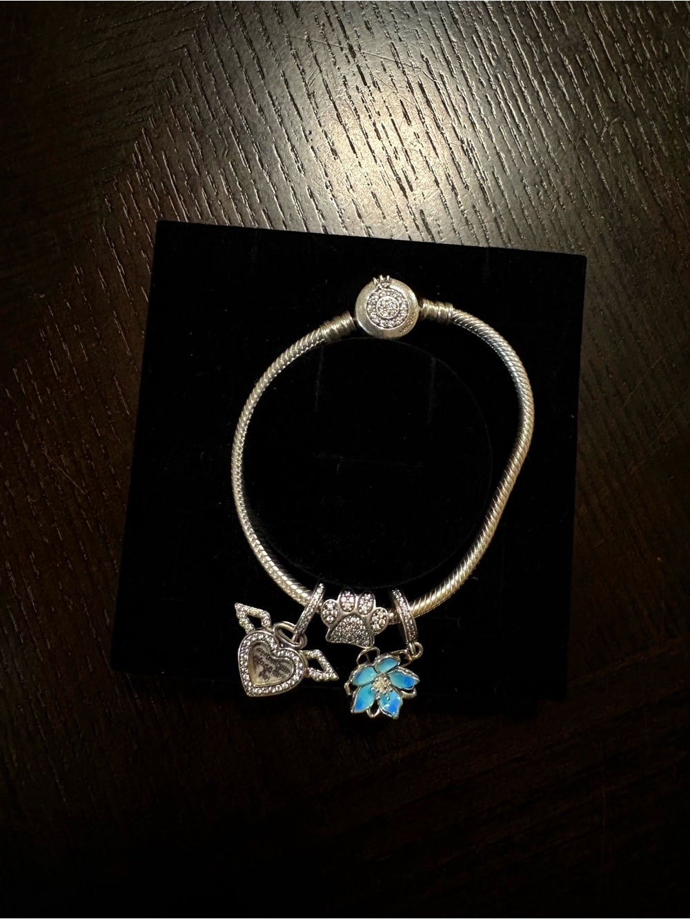 Pandora Silver Charm Bracelet with Blue Flower and Heart Charms